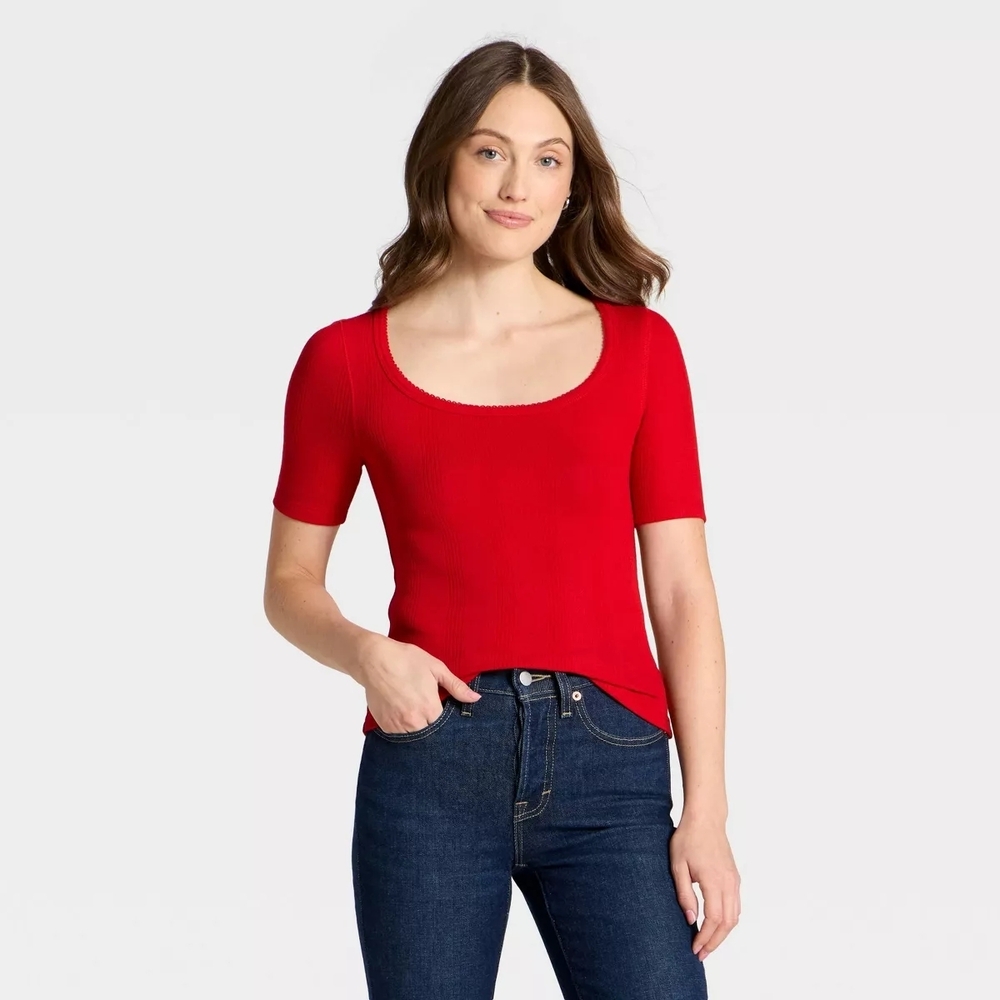 Universal Thread Red Pointelle Scoop Neck Top Size Large Short Sleeve Blouse